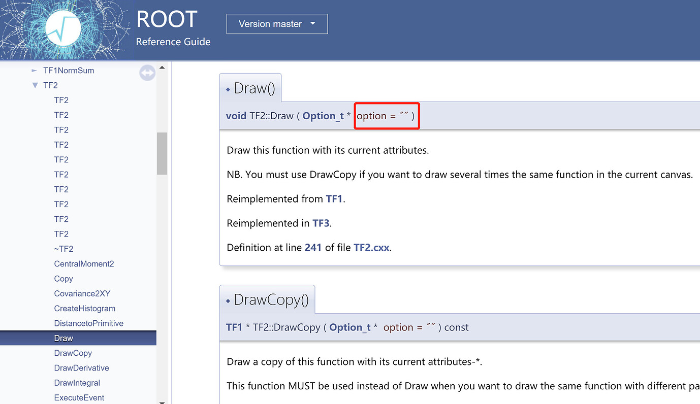 Where to find the parameter of the function Draw() of TF2 class? - ROOT ...