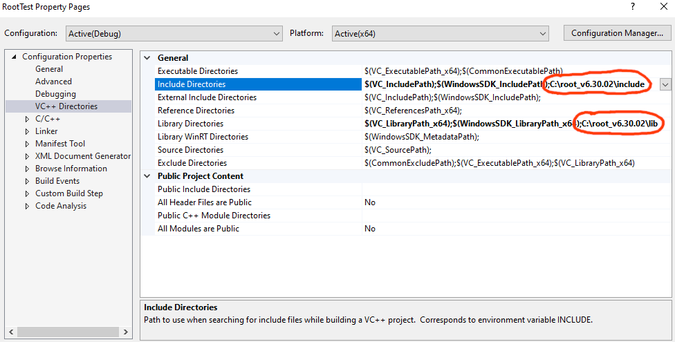 "include" and "lib" directories added to the project's properties